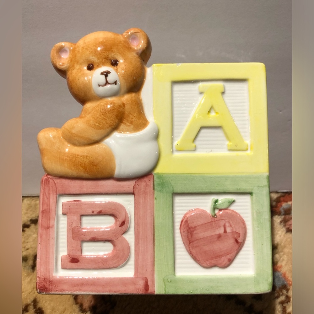 11029 VINTAGE Ceramic Planter Nursery ABC Baby Bear Blocks Inarco Japan